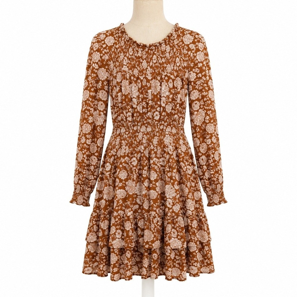 Floral Smocked Tiered Mini Dress Size L Orange Long Sleeve Boho Cottagecore Y2K